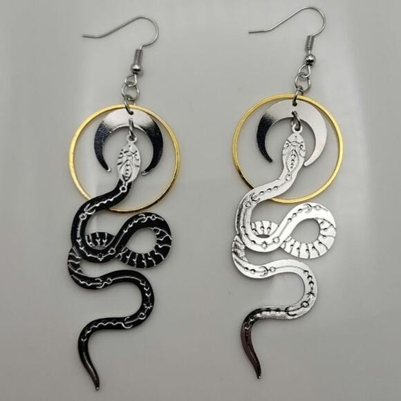 Celestial Serpent Moon Phase Snake Earrings - Picture 1 of 9